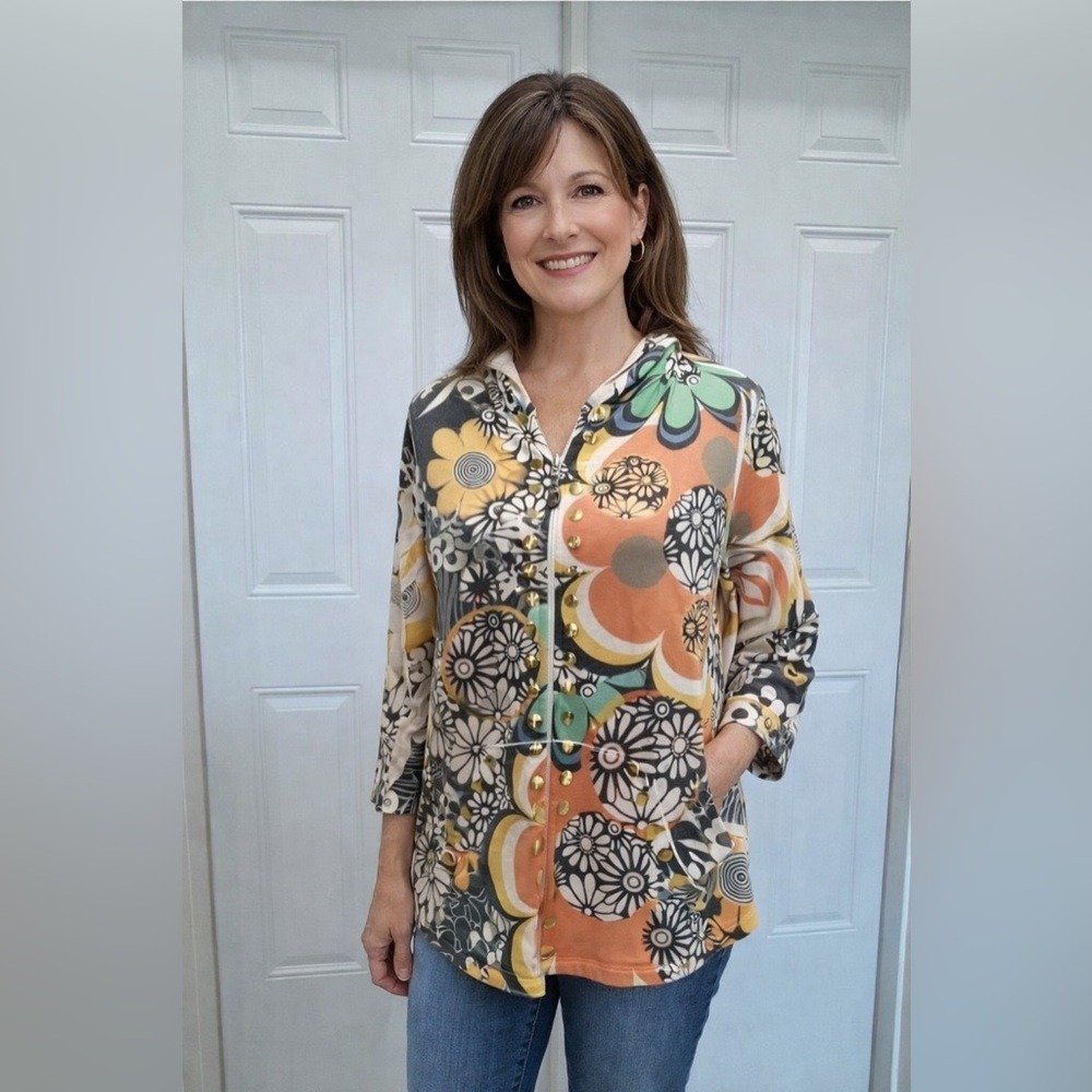M. by Mour Zip Up Hoodie Women L Orange Floral Retro Studded Good Psychedelic